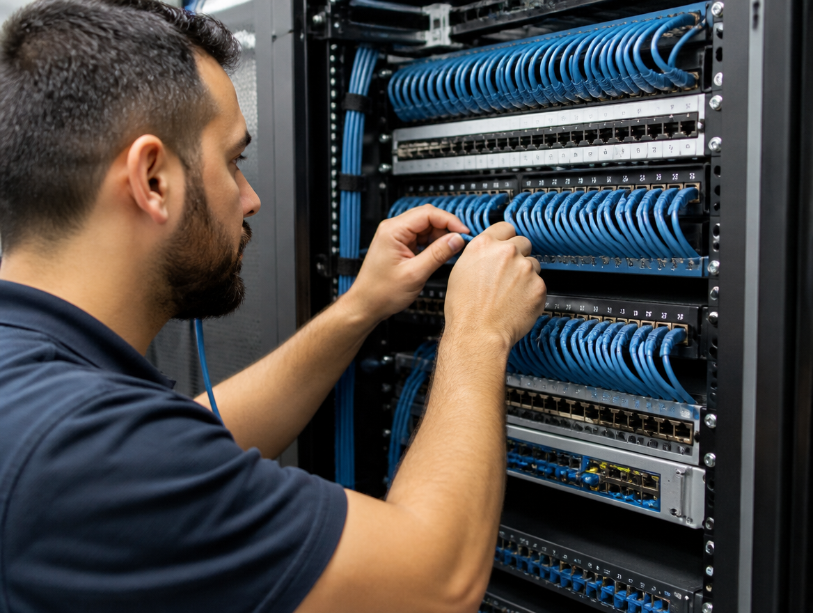 Netzwerktechniker verlegt strukturierte Verkabelung im Serverschrank