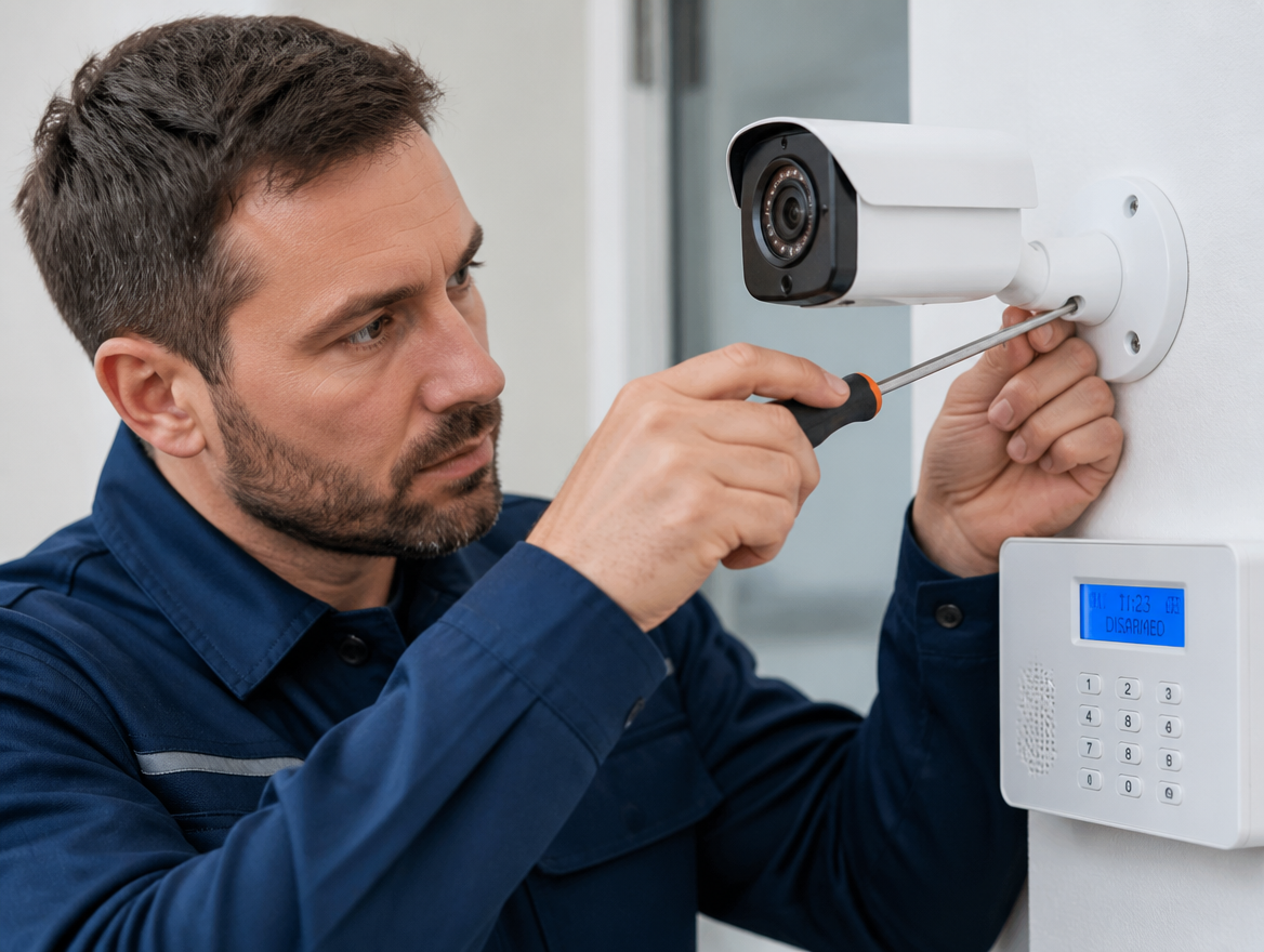Techniker installiert eine Sicherheitskamera