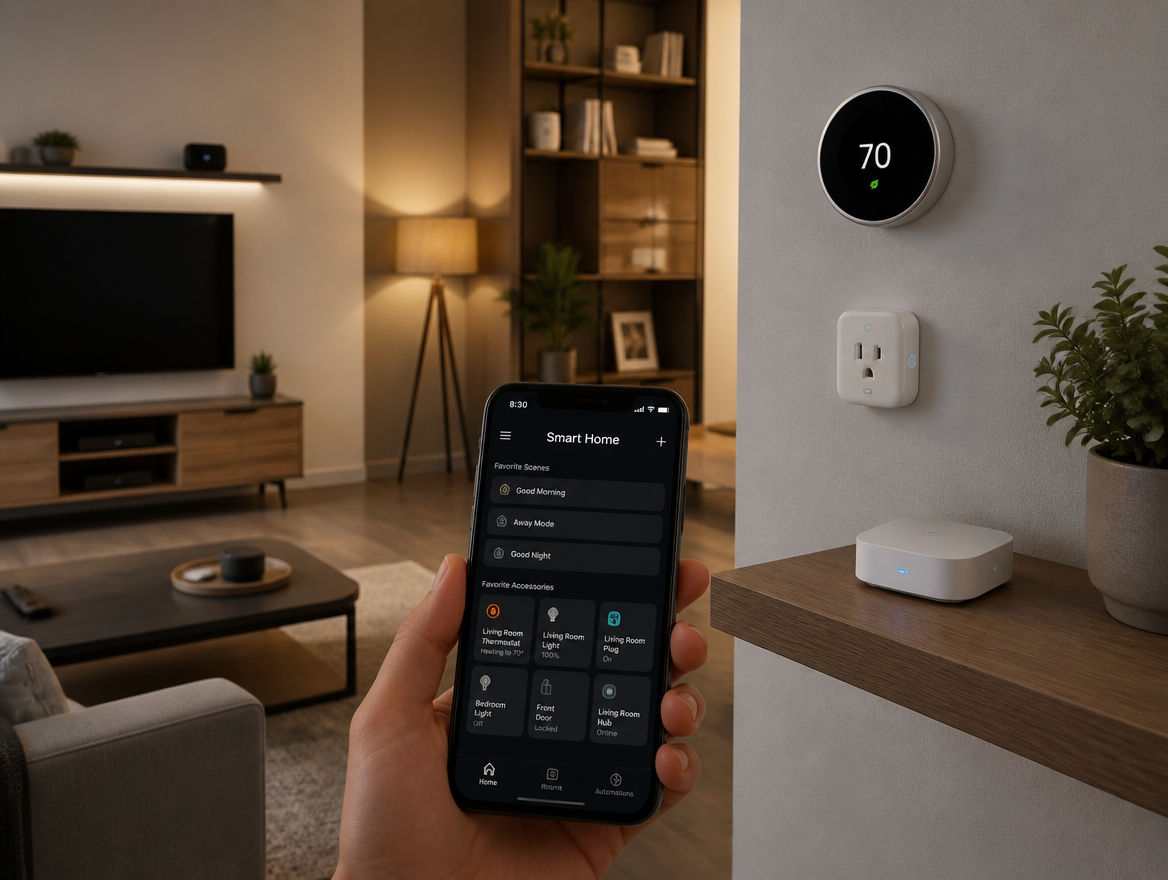 Wireless Smart-Home-Gerät wird in einer modernen Wohnung eingerichtet
