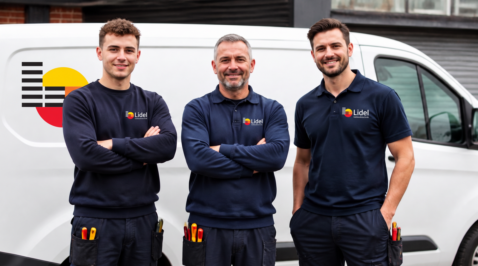 Team von Lidel Gebäudetechnik GmbH vor Firmenfahrzeug