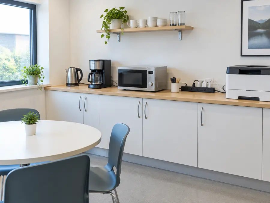 Teeküche eines kleinen Betriebs mit Wasserkocher, Kaffeemaschine und Steckdosenleiste