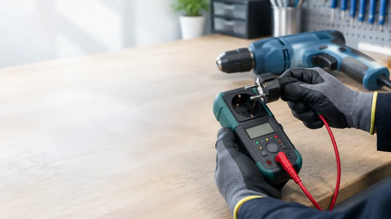 Handschuhe halten ein Prüfgerät an einen Elektrobohrer auf einer Werkbank