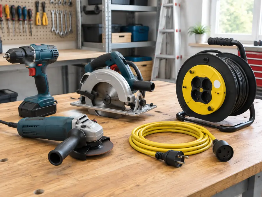 Werkbank mit Elektrowerkzeugen, Verlängerungsleitung und Kabeltrommel