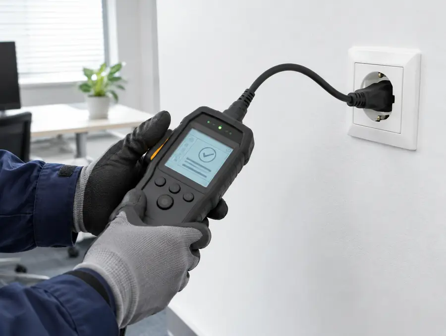 Elektriker misst mit einem Prüfgerät an einer Steckdose in einem Büro