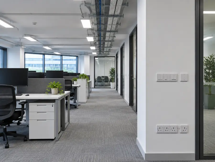 Ordentliche Elektroinstallation in einem modernen Büro mit Kabeltrasse und LED-Leuchten
