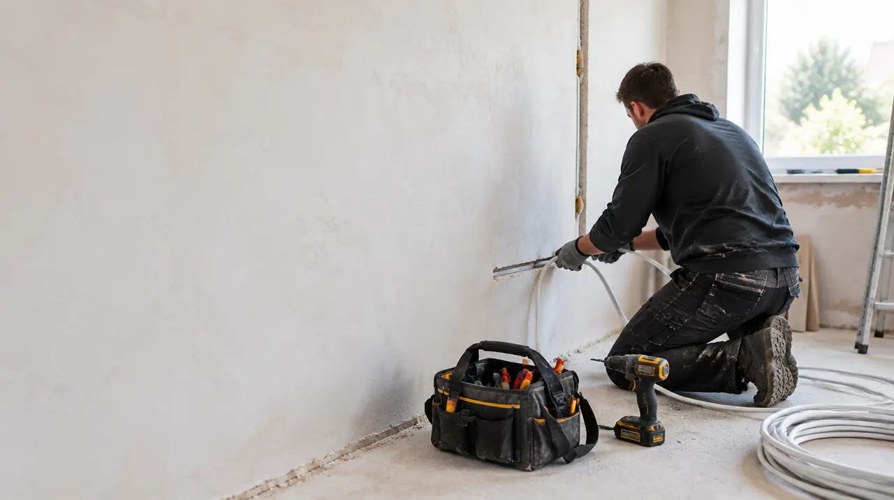 Elektriker zieht in einem Haus in der Renovierung ein Installationskabel in einen Wandschlitz
