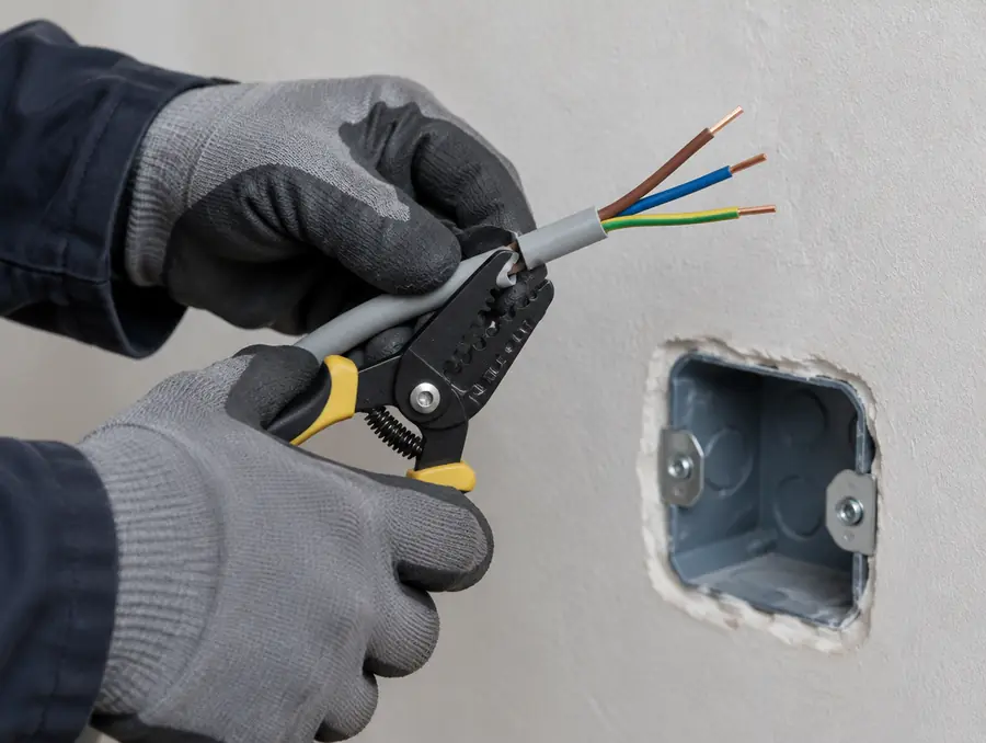 Elektriker isoliert ein Installationskabel ab