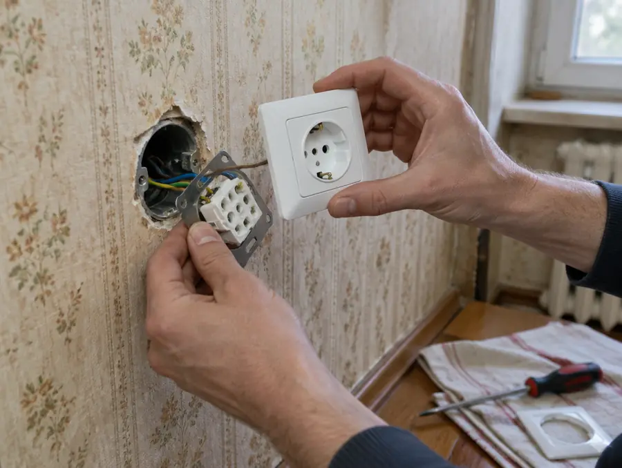 Elektriker ersetzt eine alte Steckdose in einer Wand eines Altbaus