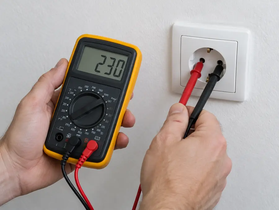 Elektriker misst mit einem Multimeter die Spannung an einer Steckdose