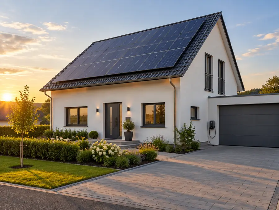 Einfamilienhaus mit Photovoltaikanlage auf dem Dach und Wallbox an der Garage
