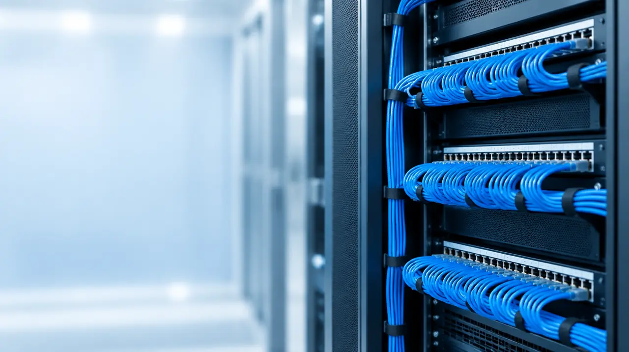 Netzwerkschrank mit sauber verlegten blauen Patchkabeln am Patchfeld