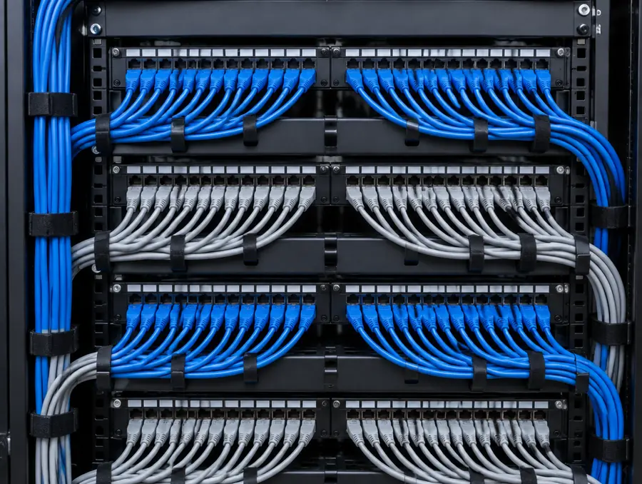 Patchfeld mit sauber verlegten blauen und grauen Netzwerkkabeln
