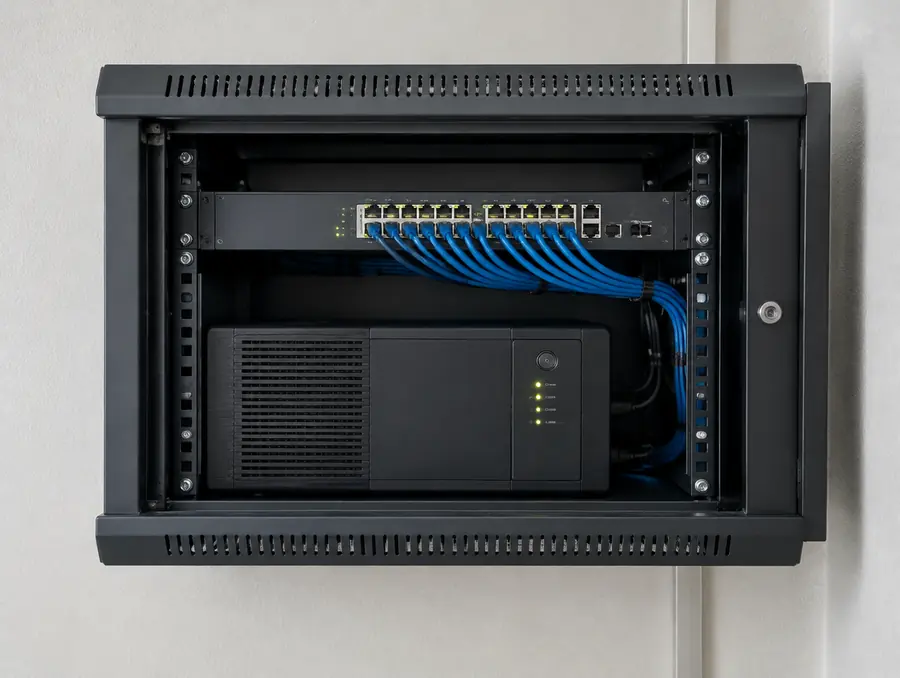 Netzwerkschrank an der Wand mit Switch und USV