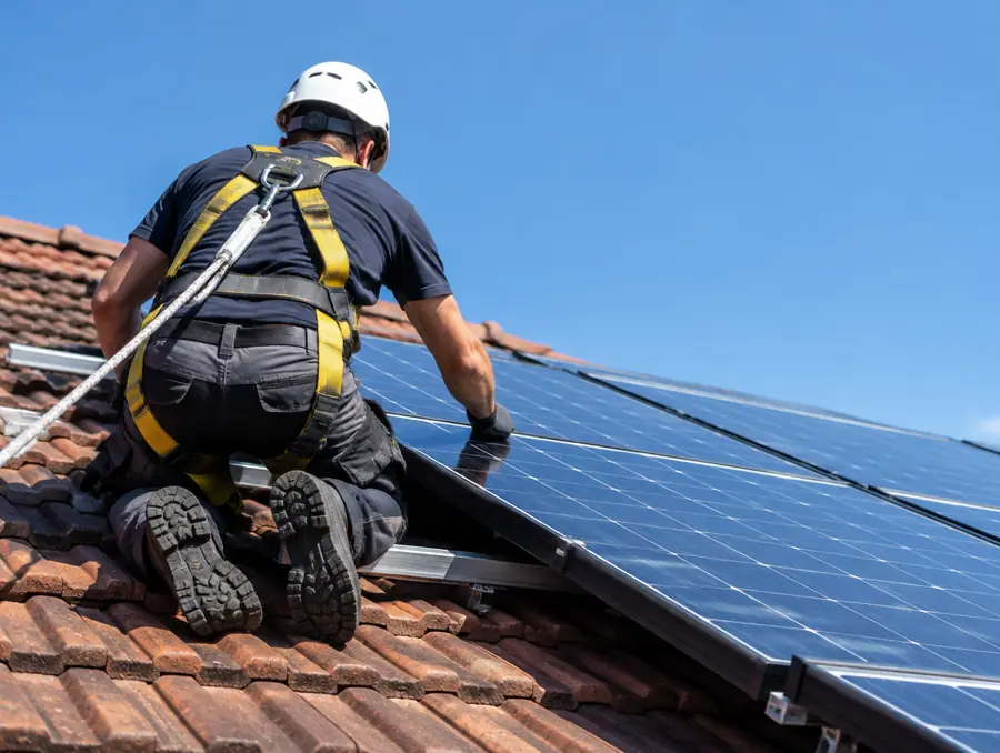 Monteur in Sicherheitsgeschirr montiert Solarmodule auf einem Ziegeldach