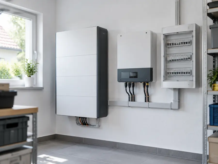 Stromspeicher und Wechselrichter an der Wand eines Hauswirtschaftsraums
