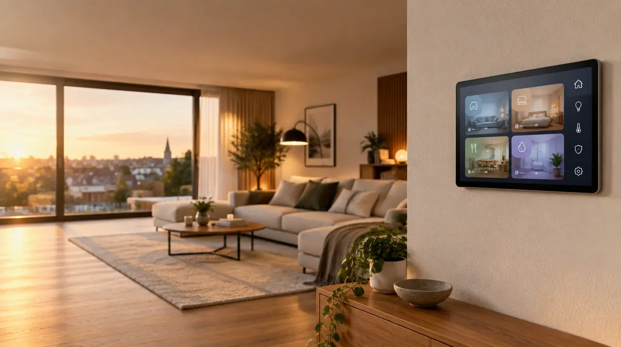 Wohnzimmer mit Wandtablet für die Smart-Home-Steuerung im Abendlicht