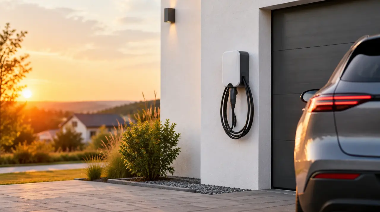 Wallbox an einer Hauswand neben der Garage, daneben ein Elektroauto