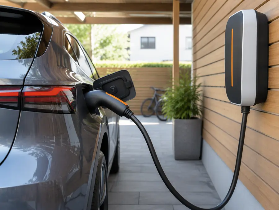 Elektroauto lädt an einer Wallbox im Carport