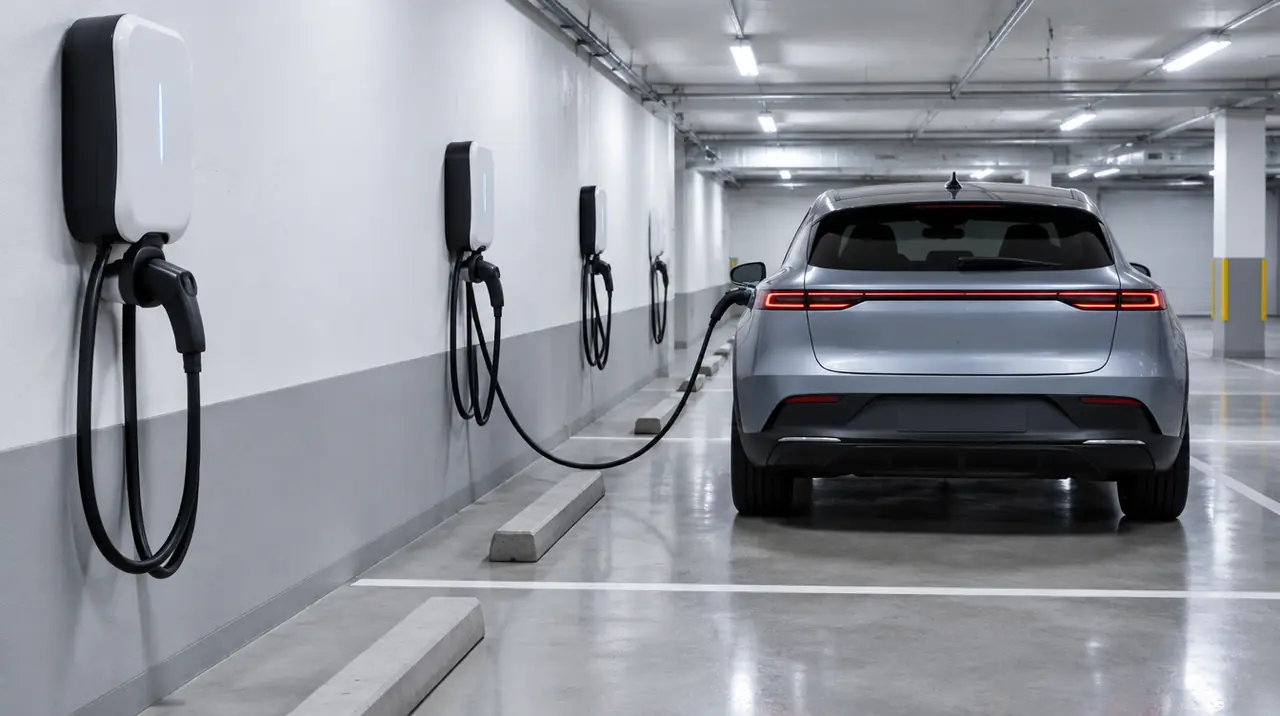 Mehrere Wallboxen in einer Tiefgarage mit ladendem Elektroauto