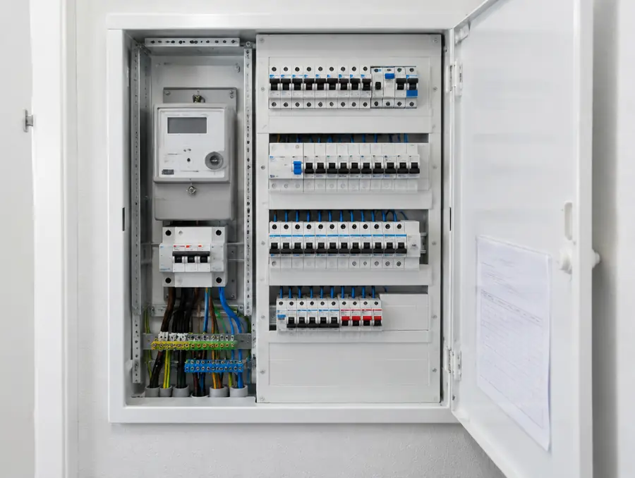 Aufgeräumter Zählerschrank mit Sicherungen und Fehlerstromschutzschaltern